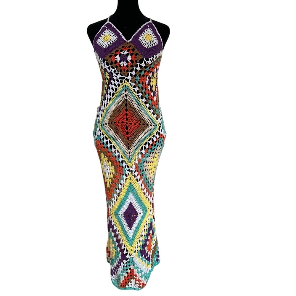 Handmade Multicolor‎ Crochet Maxi Dress Size Small Boho Festival Resort Beach